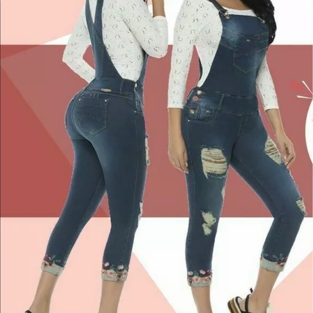 🇨🇴Macondo Jeans, Colombian Butt Lifter Embroidery Overall Blue Denim Jeans